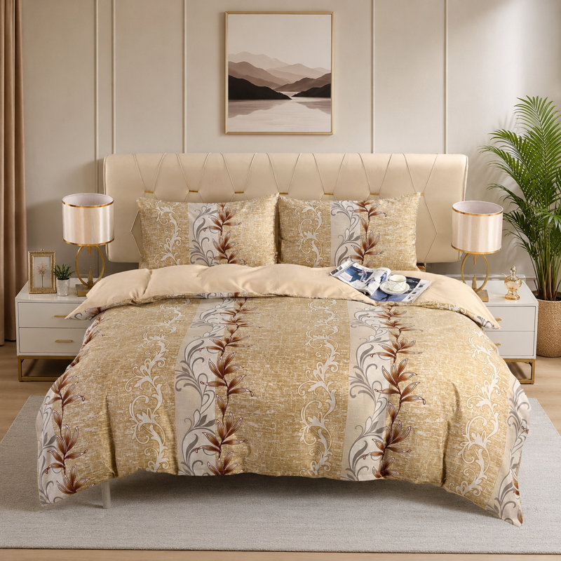 Complete Bedding Set Bliss Beige Floral Duvet Cover, Matching Fitted Sheet & Pillowcases, Single