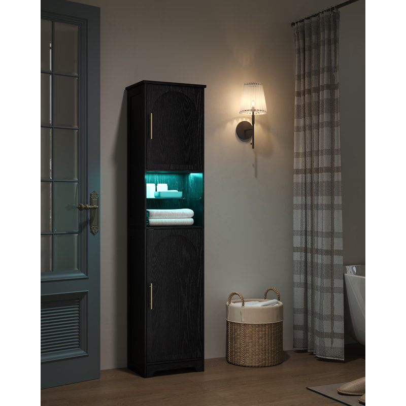 Tall Bathroom Cabinet with Lights, Slim Bathroom Storage Unit with 2 Doors and Adjustable Shelves, Narrow Storage Unit for Small Spaces