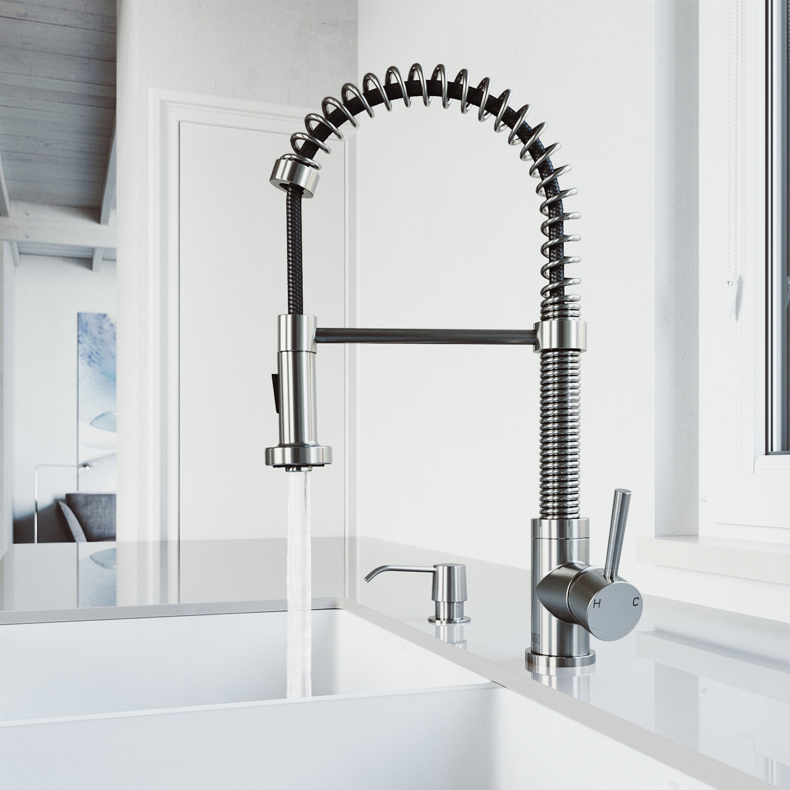 Edison 19" H 1-handle Pull-Down 2-Function Sprayer Kitchen Faucet, Stainless Steel, With Soap Dispenser