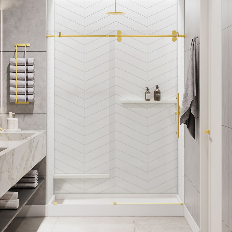  Briza 56 - Porte de douche coulissante sans cadre 60 x 76 po en verre trempé transparent, Or satiné