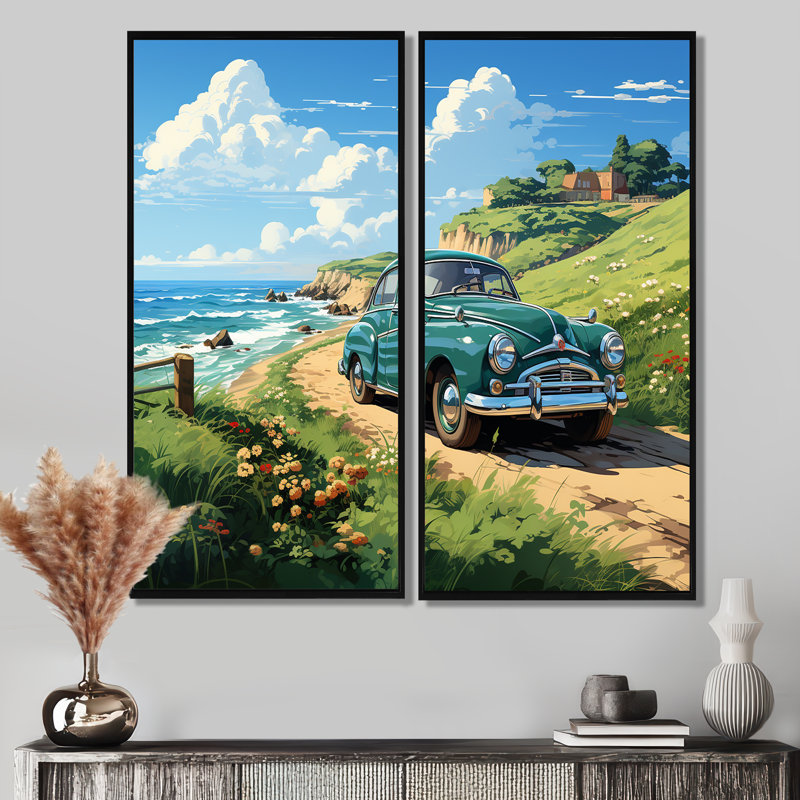 Green American Classic Car On A Beach I - Voiture de transport, art mural américain ancien, 2 pièces, H 20 po x l 24 po, Noir