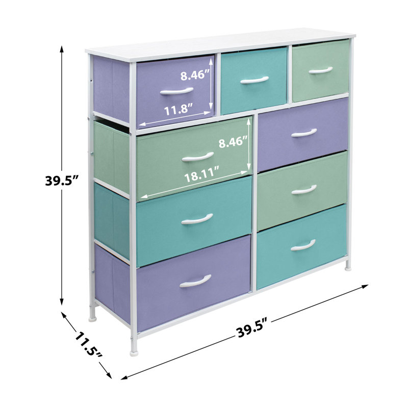 Commode double 9 tiroirs 39,5 po Martensdale, Mauve/bleu/vert