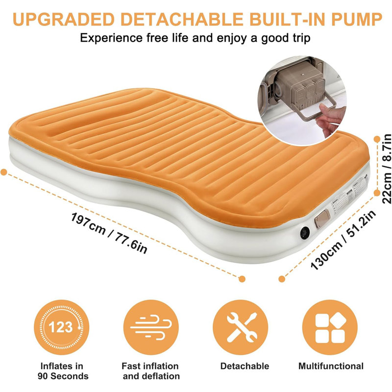 Matelas gonflable SUV avec pompe intégrée et 2 coussins, PVC floqué épaissi, lit gonflable rapide à gonflage de 90 secondes, lit pneumatique portable et durable pour camping, voyage, camion