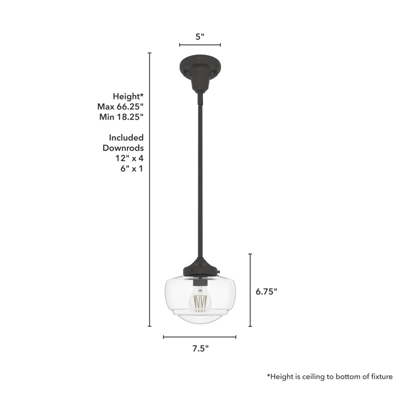 Saddle Creek 1 - Light Single Schoolhouse Pendant with Glass, 66.25" H x 7.5" W x 7.5" D, White, Black