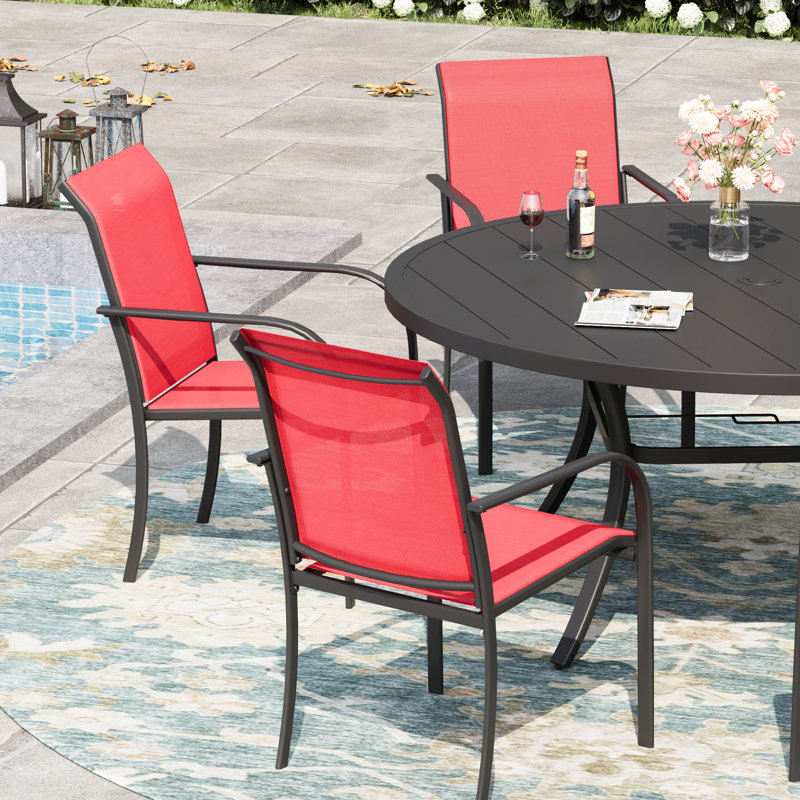 6-Person Round Patio Dining Set With Stackable PVC-coated polyester Chairs, Red/Black