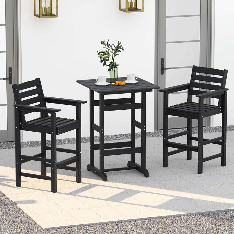 3-Piece Patio HDPE Bar Set Armchairs with Square High-Top Table Footrest Backrest , Black