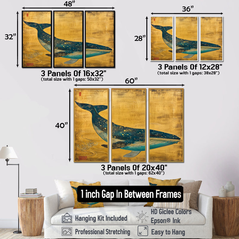 Amyerra - Whale Animal Wall Art Set, Black Floater Framed, 28" H x 36" W x 1" D