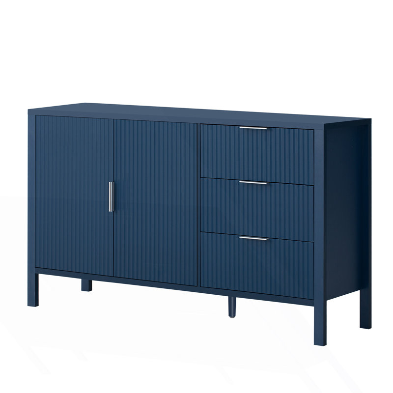 Modern Wave-Pattern Sideboard With 3 Drawers, Large Storage Buffet Cabinet, Navy Blue