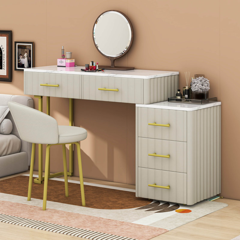 Bureau de coiffeuse en velours avec fauteuil rembourré, coiffeuse moderne à 5 tiroirs, armoire de rangement réglable gauche / droite