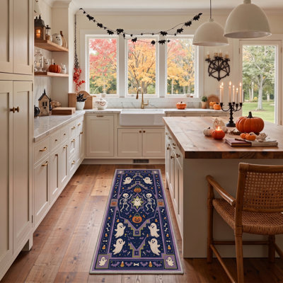 Halloween Spooky Icons Area Rug, Black / Orange, Machine Washable, Low-Pile, Non-Slip