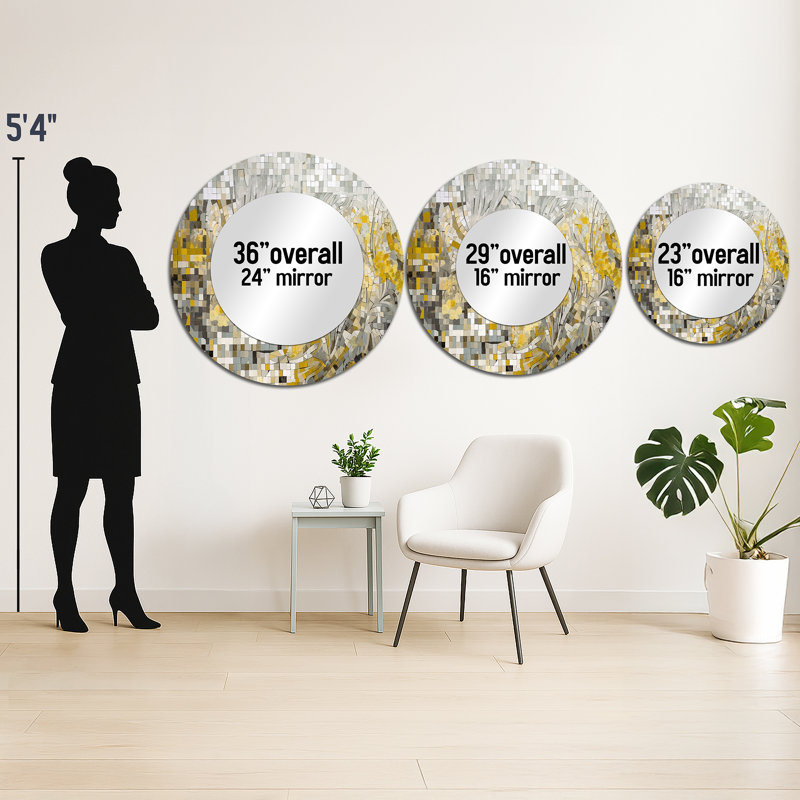Stéréo jaune et crème bohémien Medley I - mosaïque murale Boho, miroir rond jaune, 23 po x 23 po