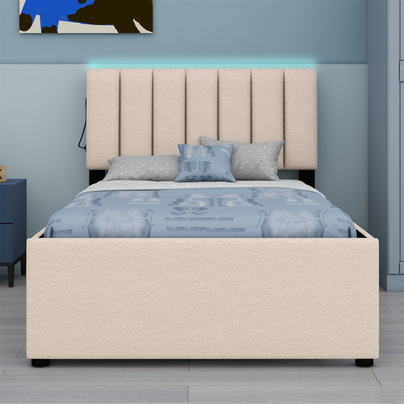 Lit plateforme tapissier avec lit gigogne, Beige