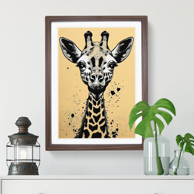 Giraffe Graffiti - Single Picture Frame Painting, 46cm H x 34cm W x 2cm D, Walnut