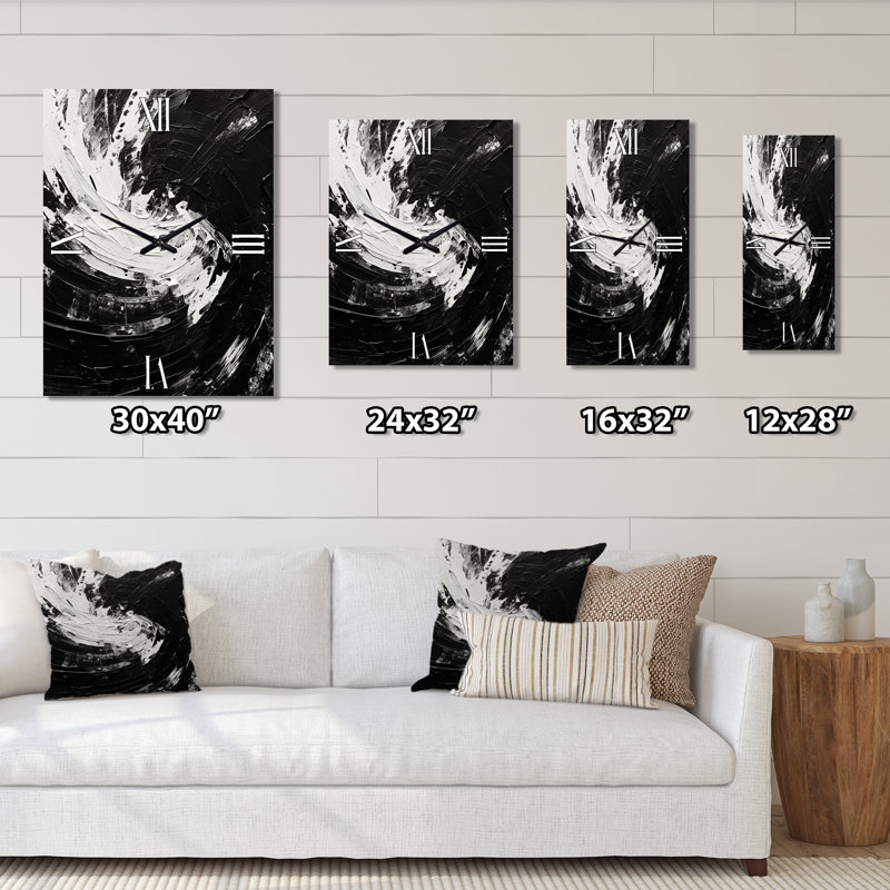 Horloge murale «Finding Balance Minimal» en noir et blanc III - Peinture abstraite surdimensionnée, Moyen
