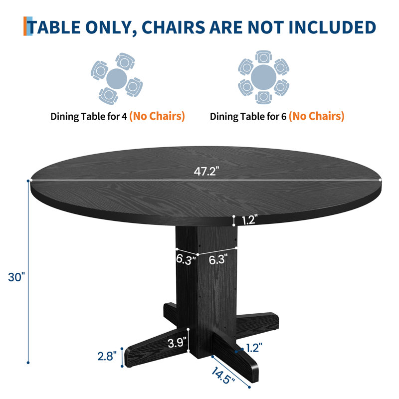 Round Dining Table for 4-6 People, 47" Wood Kitchen Table with Sturdy Pedestal Base, Farmhouse Dinner Tables for Dining Room, Kitchen, Living Room, Black