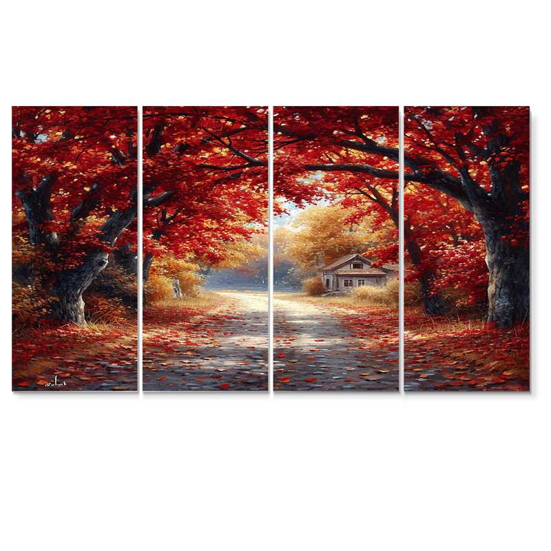 «Red Autumn Road Coming Home - Tree», art mural 4 pièces, H 32 po x l 64 po