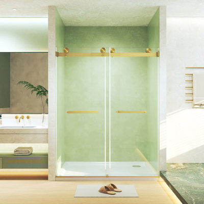Double Sliding Shower Door 56 - 60 "w X 74" H, 8mm Tempered Glass, Proof Film, Stainless Steel Handle, Brushed Gold, Square Tube Track, Silent Sliding, Raised Water Barrier For Bathroom Barrier, In