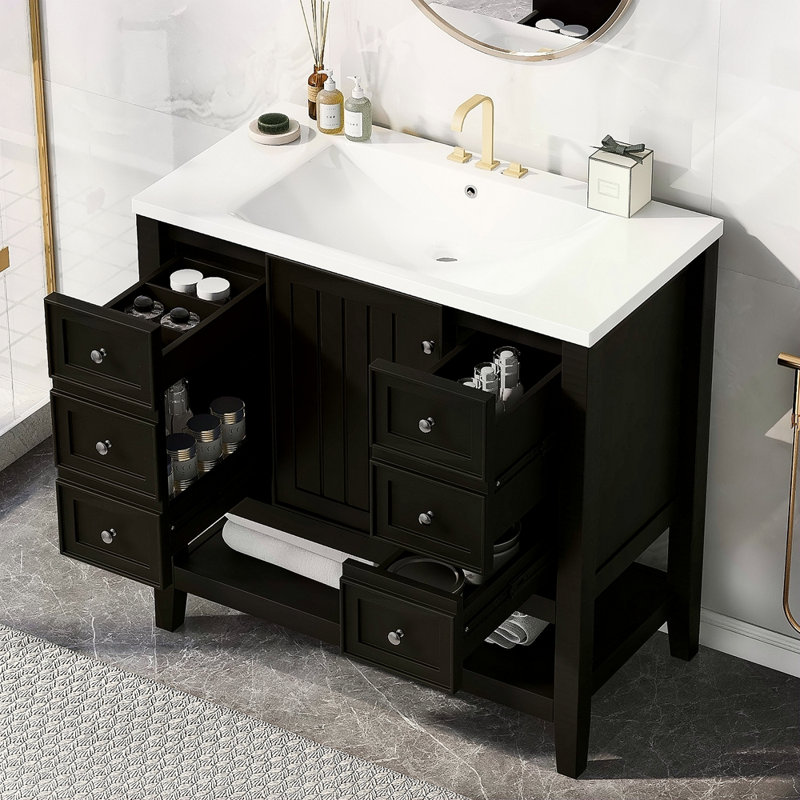 Ensemble de meuble-lavabo 36 po avec lavabo, une armoire et trois tiroirs, bois massif et panneau de fibres à densité moyenne