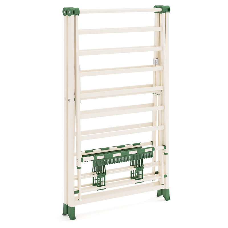 Foldable Metal Laundry Drying Rack with Height Adjustable Wings, 18 Drying Rails Beige, Beige/Green, 62" H x 64" W x 22" D