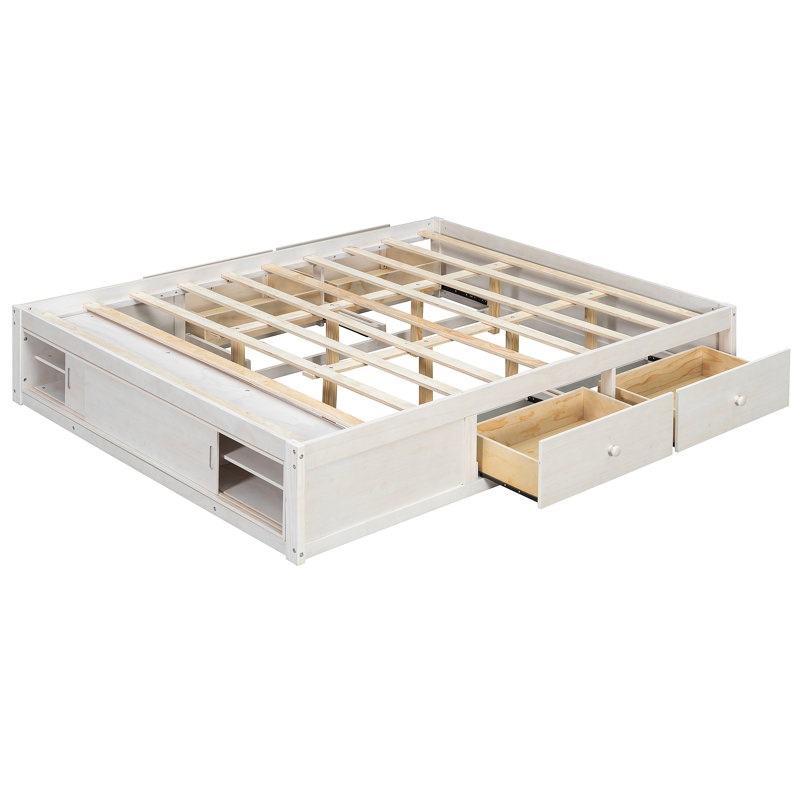 Platform Bed Frame With 4 Storage Drawers And Footboard Storage Cubby, No Headboard, Modern Space-Saving Design, White