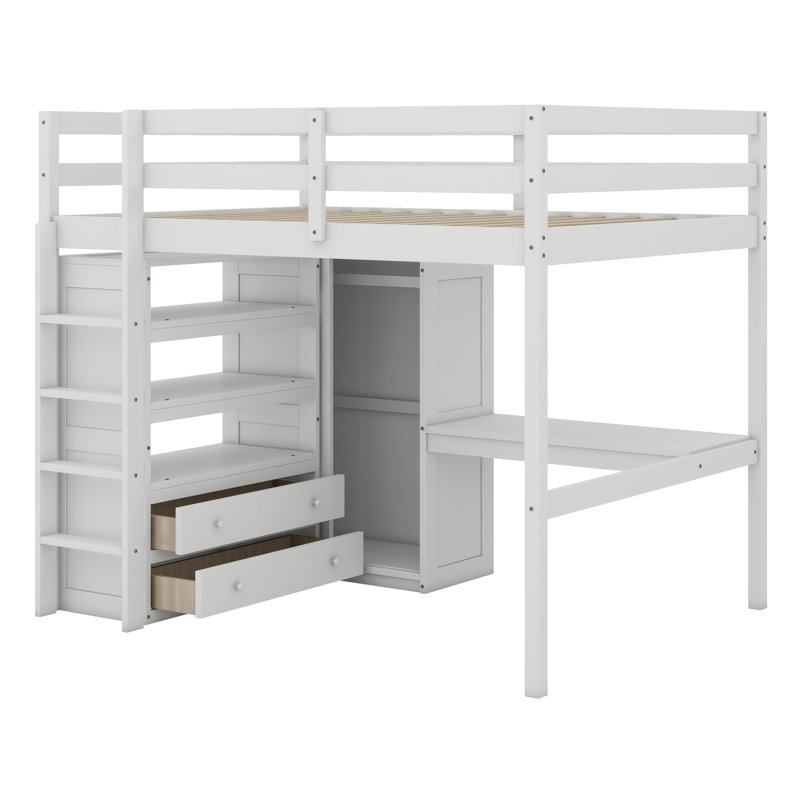  Lit mezzanine double Hriska avec bureau, garde-robe, tablettes et tiroirs, Blanc