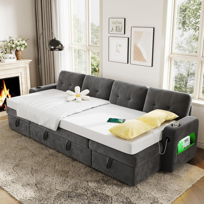107" U-Shaped Sleeper Sofa – Convertible Pull-Out Couch Bed with Storage, Charging Station & Cup Holder, Sectional Sofa Bed for Living Room, Velvet Dark Gray