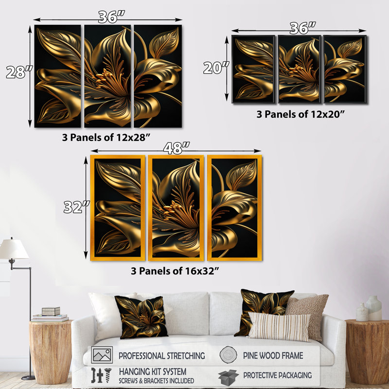 Glamourous Lly On Black - 3 pièces sur toile, L 36 po x H 28 po, Toile tendue