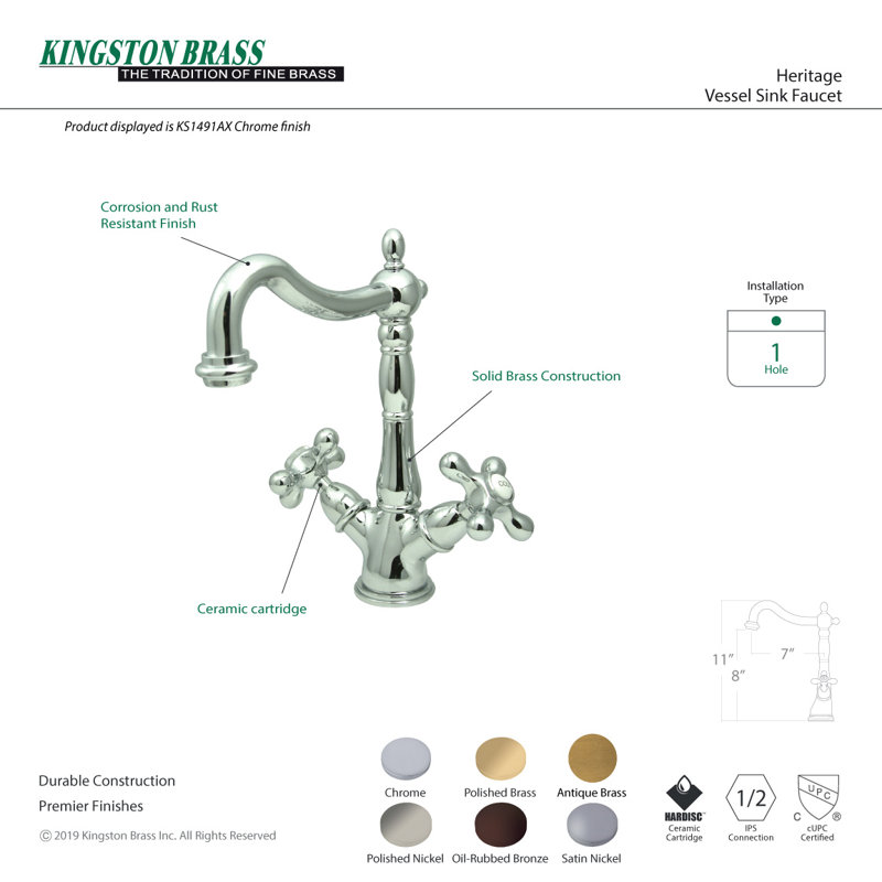 Kingston Brass Heritage Two-Handle 1-or-3 Hole Deck Mount Vessel Faucet, Brushed Nickel