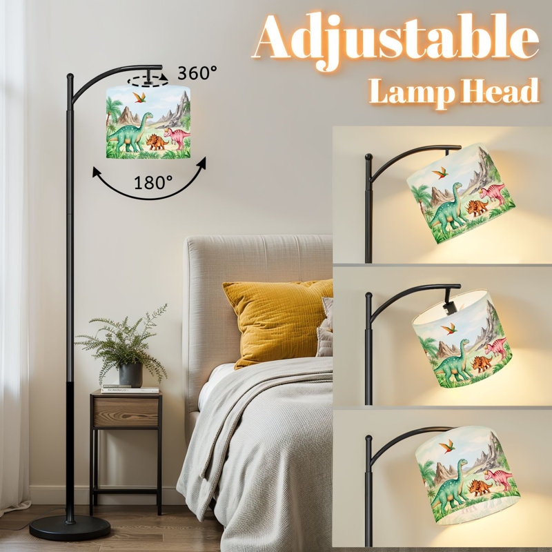 Lampe sur pied à arc avec dinosaures colorés, paysage préhistorique, montagnes, arbres, debout pour chambre à coucher, haute lampe à intensité variable de 3 couleurs avec télécommande et ampoule incluse