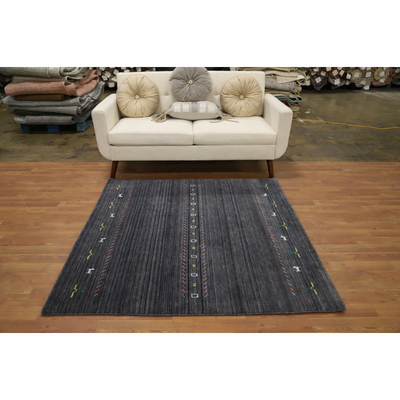 Tapis gris rustique de style Gabbeh 5 x 5 dans des tons terreux subtils