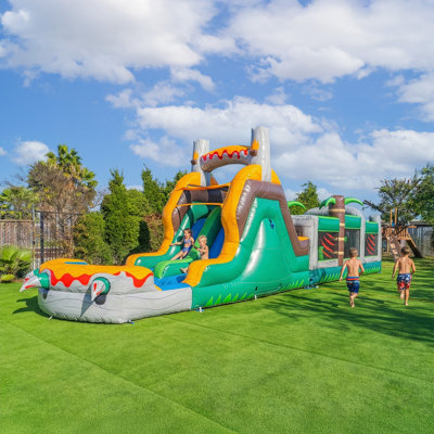 HeroKiddo T-Rex Adventure 42' Inflatable Obstacle Course with Dual Water Slides, Splash Pool & Dinosaur Theme for Kids, Includes Blower