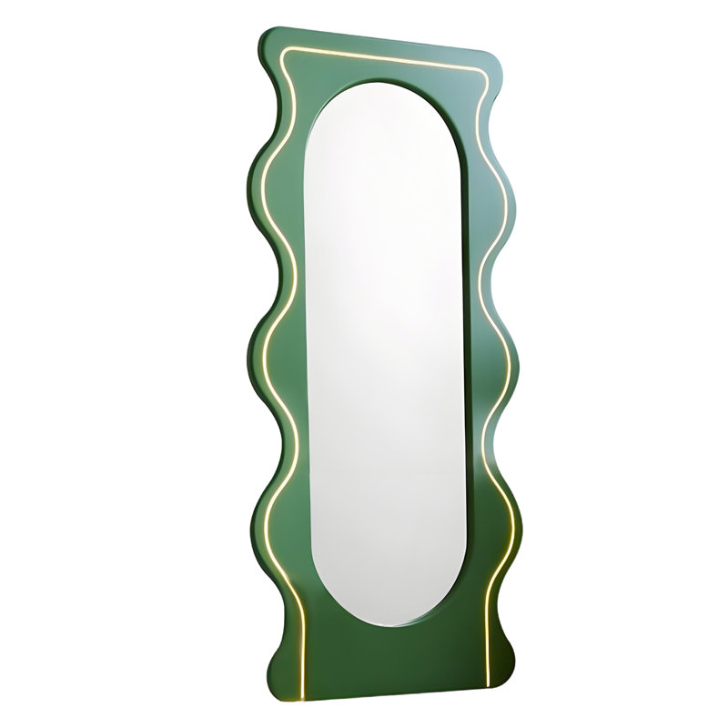 Green Wavy Dressing Mirror, Irregular Floor Mirror, High-End Entryway Full-Length Mirror, 62.99" H x 27.56" W x 1.18" D
