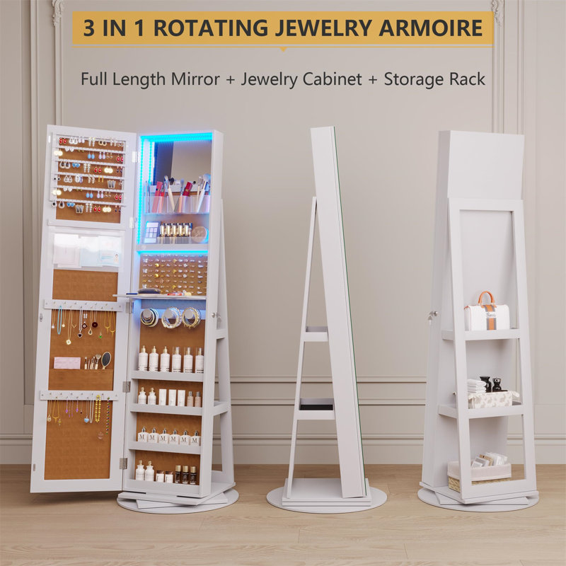 Modern Beige Yellow Triangular Jewellery Armoire With LED Lights, Full-Length Mirror, And 360° Swivel Base, Beige