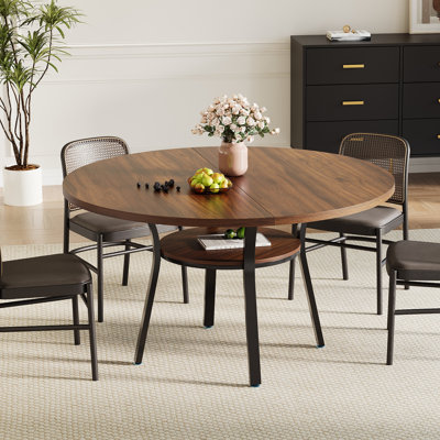 47‑Inch Round Dining Table For 4‑6 People, Circular Kitchen Dinner Table With Built‑In Storage And Metal Legs, Modern Table For Kitchen, Living Room And Dining Room Spaces, Walnut