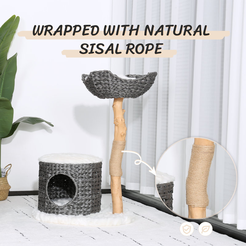 Gray and Natural Wood Cat Tree with Woven Condo