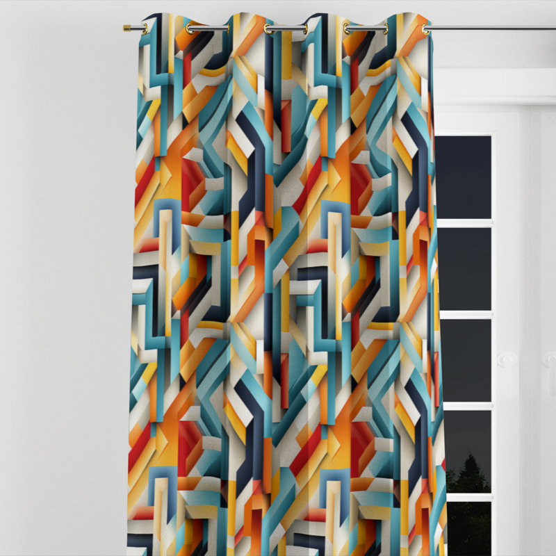 Bleu et orange Geo Haze I - Rideau à œillets moderne - Velours obscurcissant - 1 panneau, L 52 po x L 63 po, Œillets dorés