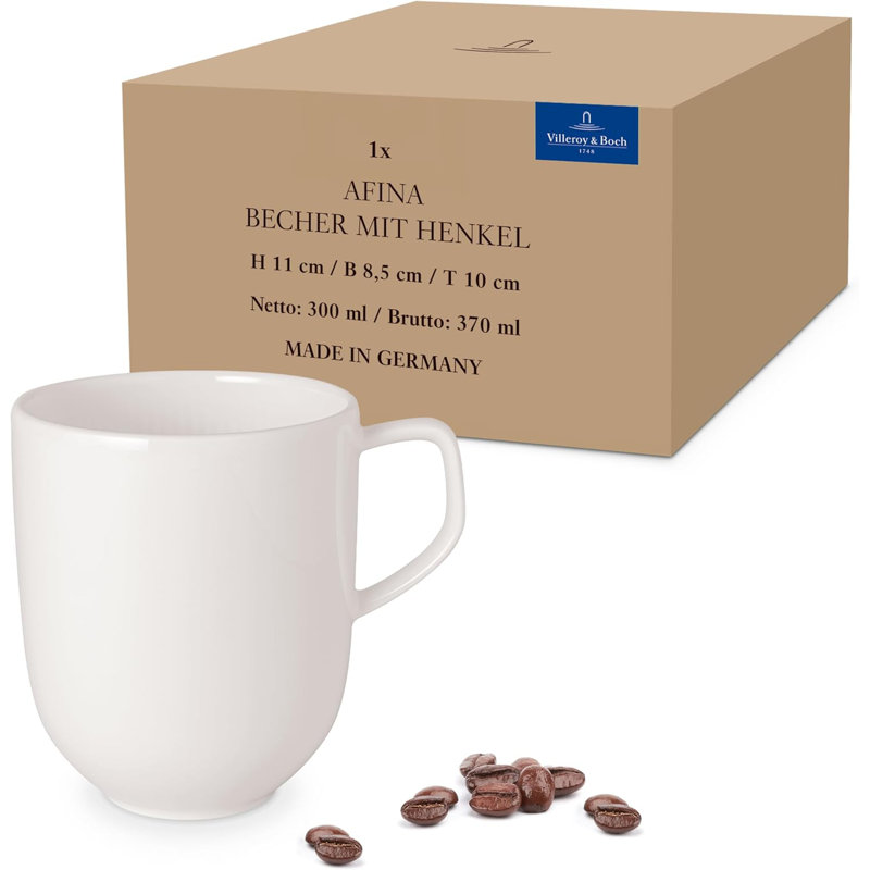 Villeroy & Boch Afina Mug with Handle, Premium Porcelain, Made in Germany, Dishwasher and Microwave Safe, 3.25 x 4in, Stackable, White