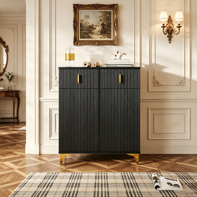 Wetherly Modern 3-Tier Fluted Shoe Storage Cabinet with 2 Drawers,Hallway Shoe Organiser, Black