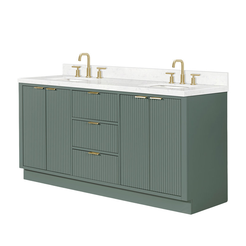Meuble-lavabo double en bois massif 72 po avec plateau en quartz Carrara de 1,5 po Haun, Rectangulaire, Vert rétro