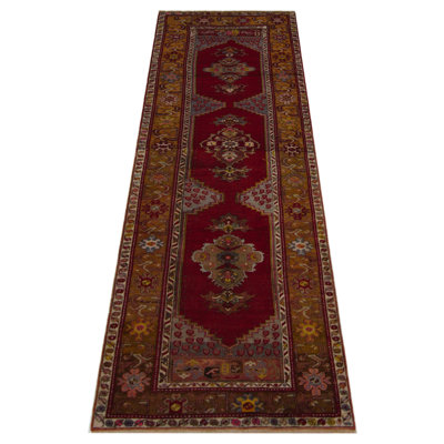 One-of-a-Kind Hand-Knotted 3'5" x 10'9" Runner Wool Area Rug in Red/Brown