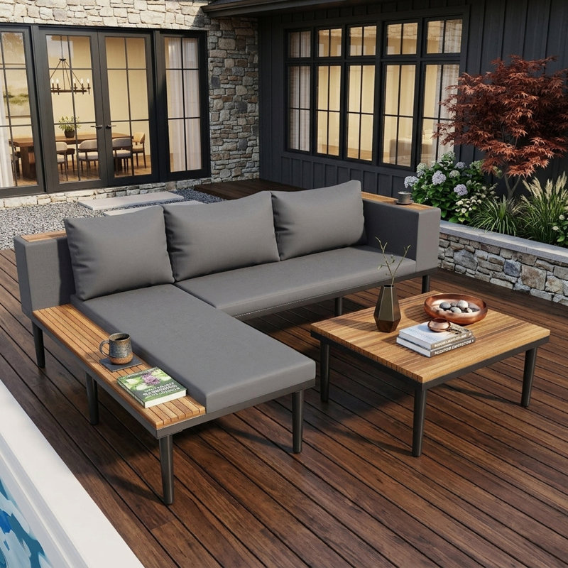 Ensemble de canapé en L avec coussins amovibles et table basse Patio Conversation, Gris