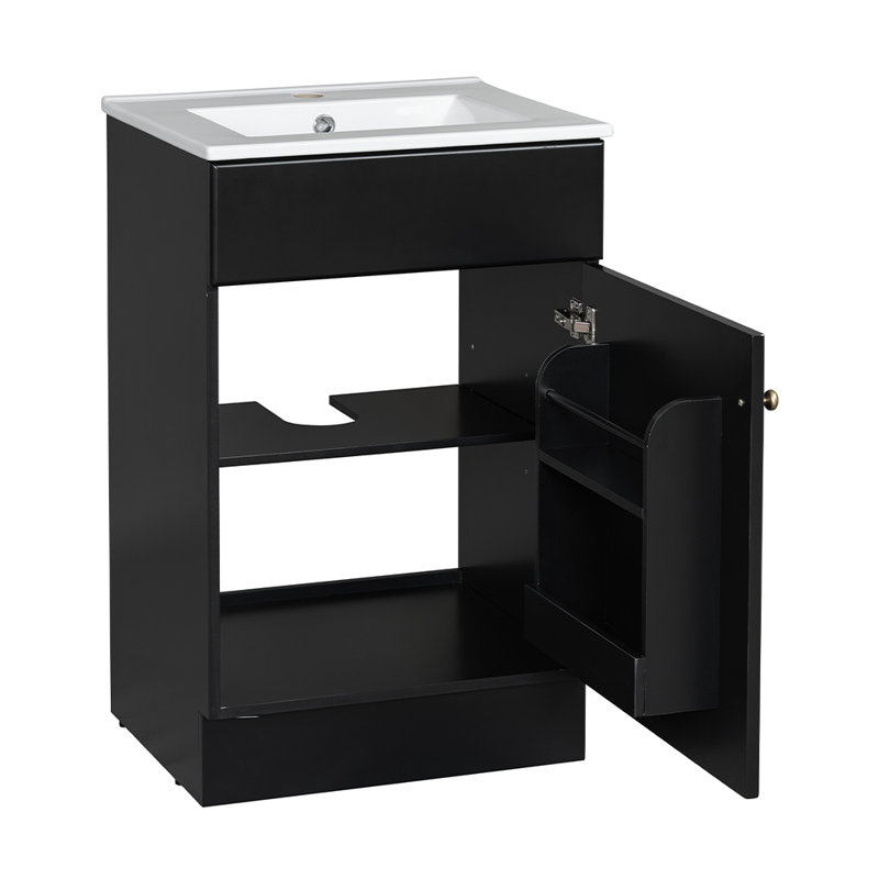 Meuble-lavabo simple 20 po avec lavabo supérieur en céramique et 2 portes, Noir, noir, noir, noir