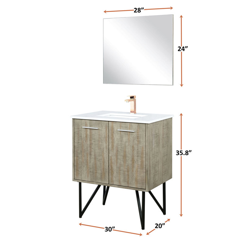 Rustique 30 po L x P 20 po pour salle de bain avec comptoir en quartz résistant aux égratignures, robinet en or rose et comptoir de bain blanc à miroir pivotant de 28 po, comptoir à teinture