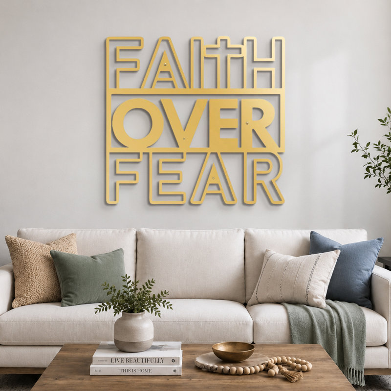 Faith Over Fear - Black Gold Text Inspirational Metal Wall Decor Home Decoration Wall Accent, Gold, 11.4" H x 12" W x 0.05" D