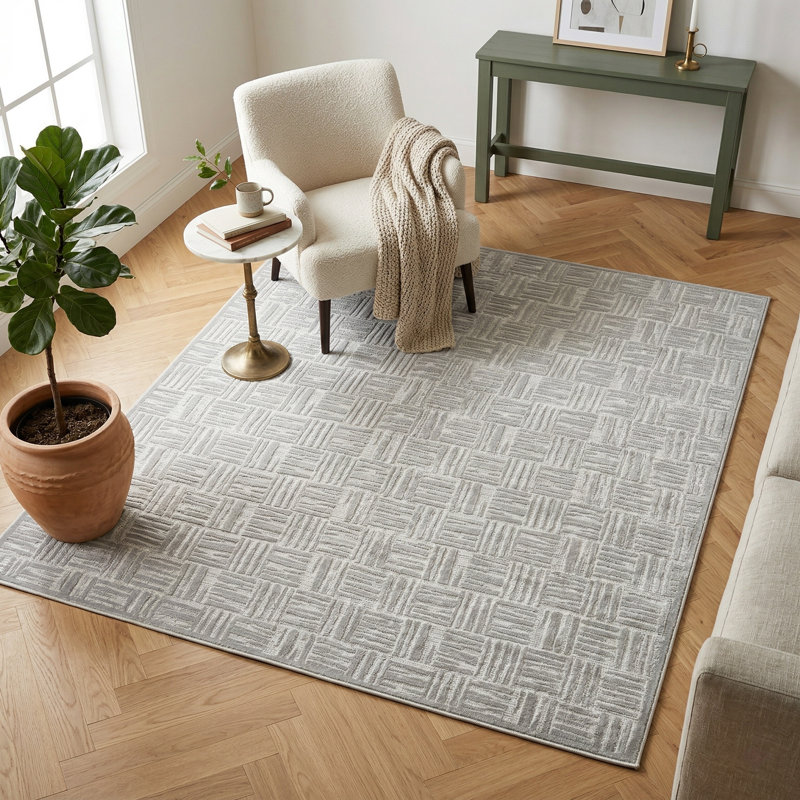 Turkish Unfaded Plaid Indoor Outdoor High-Low Pile Area Rug in Gray/Cream for Patios, Deck, Porch Or Entryway, Gray