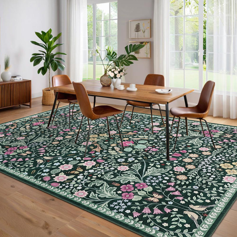 Vintage Floral Area Rug, Non-Slip Washable Low-Pile Botanical Print Stain Resistant Foldable Carpet for Living Room, Bedroom, Kitchen, Hallway