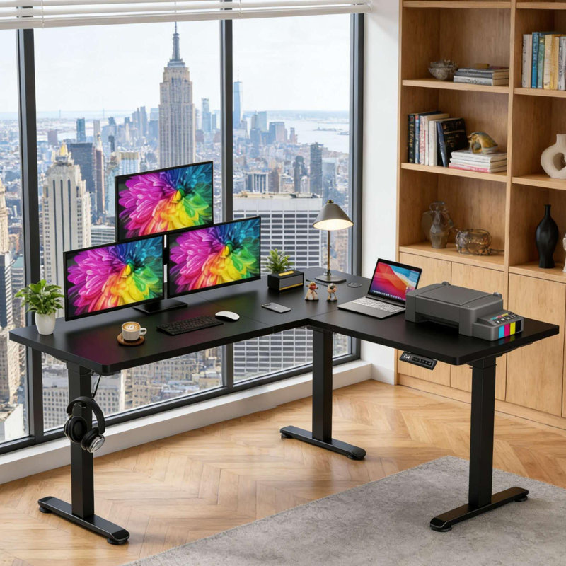 Bureau pour travailler debout en L 63 po à hauteur réglable électrique avec prises de 63 po, Noir / Noir