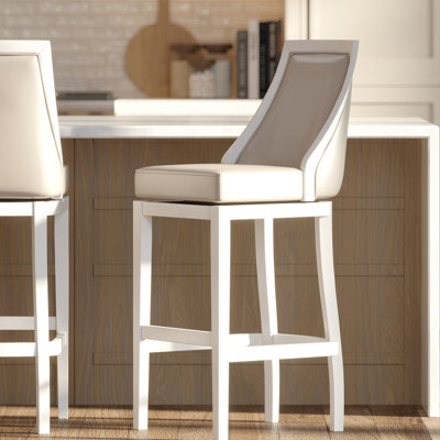 Tabouret de bar de 31 po de hauteur avec pivot et dossier haut, corps blanc, siège en similicuir gris, siège à 180 degrés à retour automatique, l 18,5 po x P 17 po, finition lumineuse spacieuse et confortable, pour un nettoyage sans effort, plastique