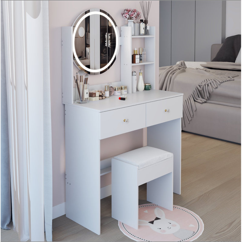 Ensemble de coiffeuse à miroir rond de 17 po à DEL et ensemble de tabourets à coussin moelleux, grand miroir, interrupteur tactile, 3 couleurs, luminosité réglable, grand bureau, rangement multicouche de grande capacité, convient aux petits espaces
