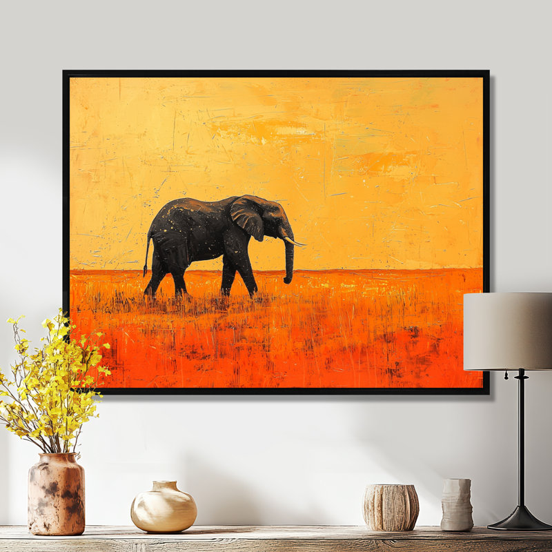 Coucher de soleil éléphant dans le désert doré II - éléphant, art mural, Noir, H 12 po x l 20 po, Cadre flottant